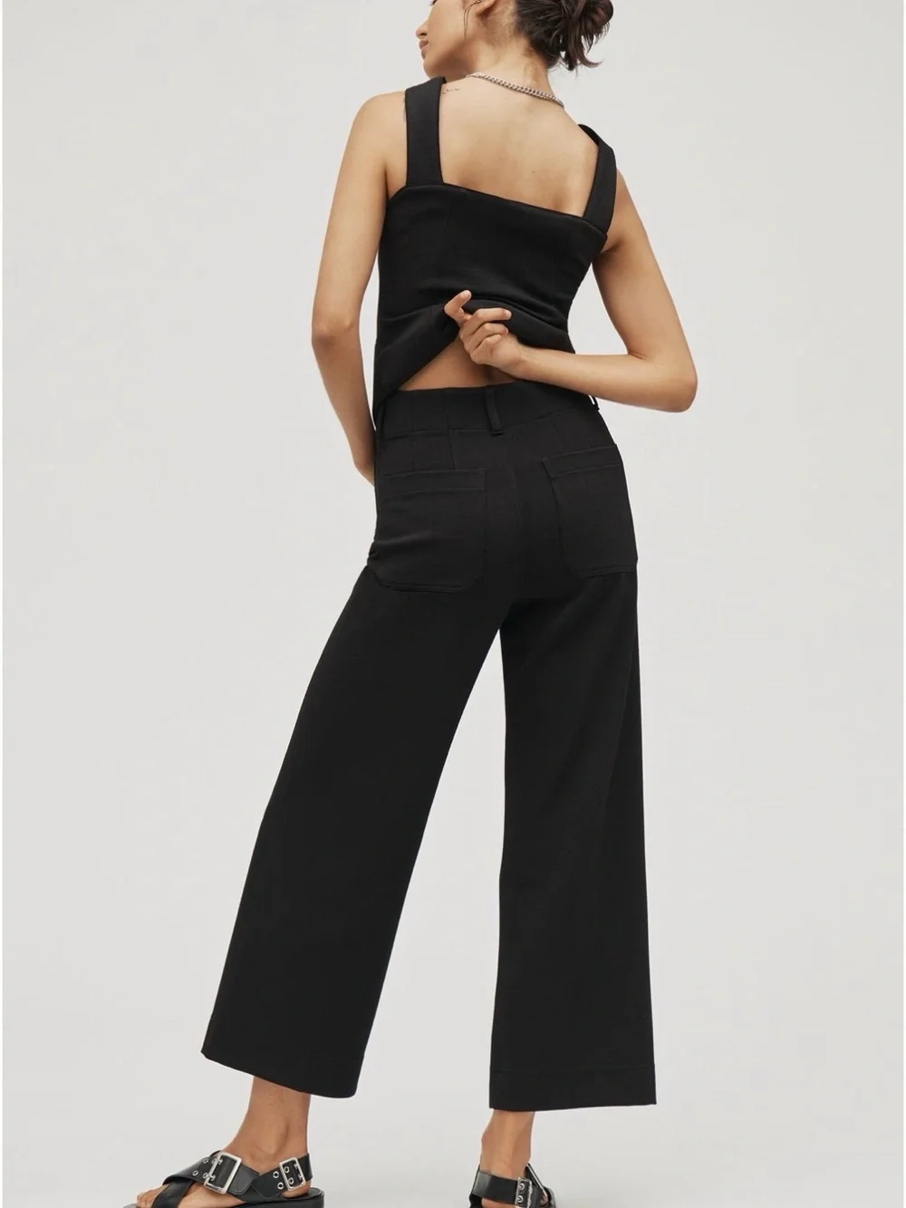 Maeve Colette Knit High-Rise Wide-Leg Cropped Pant in Black Onyx
